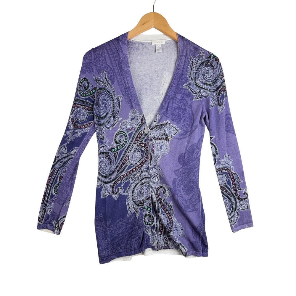 Chico's Paisley Print One Button Cardigan size 0 (us Small) Purple/White